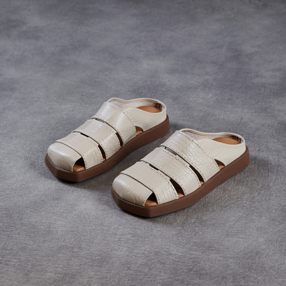 Women's Leather Mules - Multi-Strap Woven Closed Flat Sandals Casual Summer Slip-On Slides