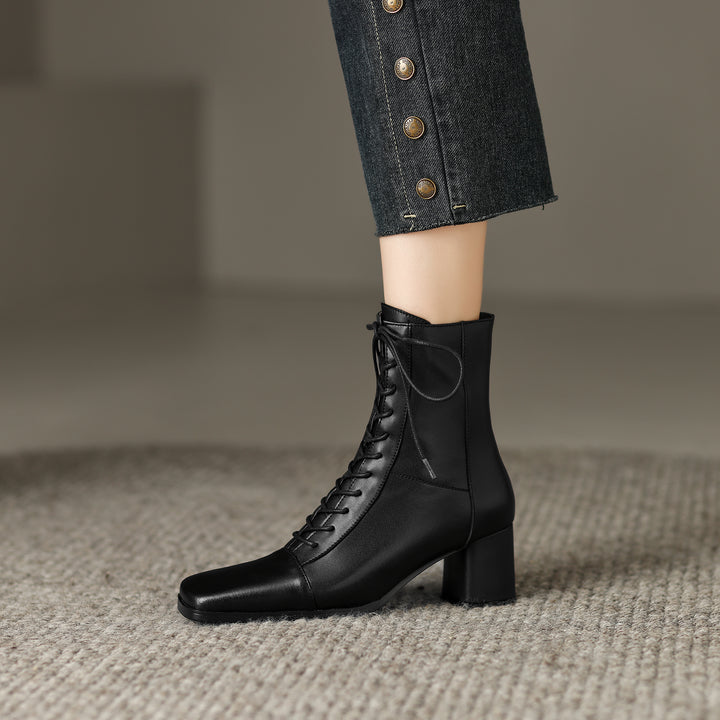 Womens Lace-up Zipper Square Toe Block Heels Leather Ankle Boots