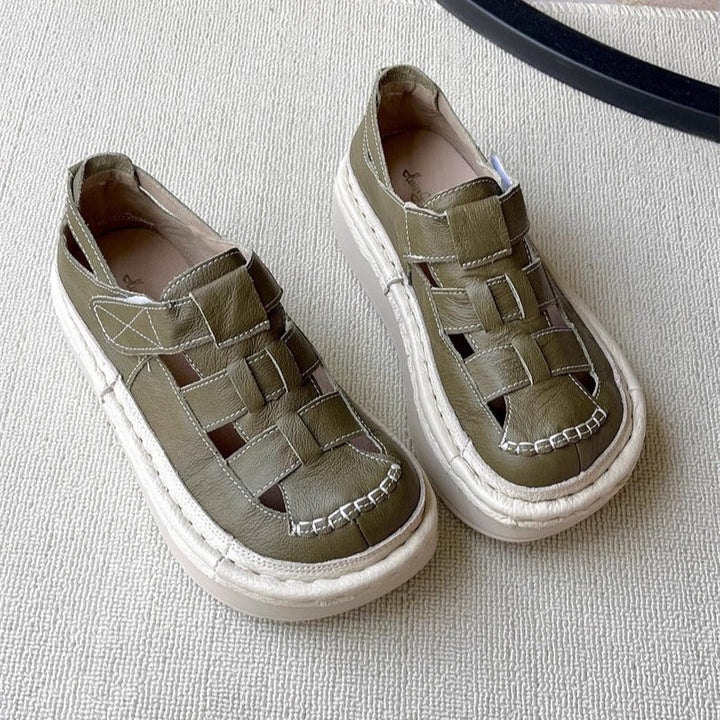 Women's Soft Leather Velcro Closed-Toe Chunky Platform Sandals – Ugly-Cute Style