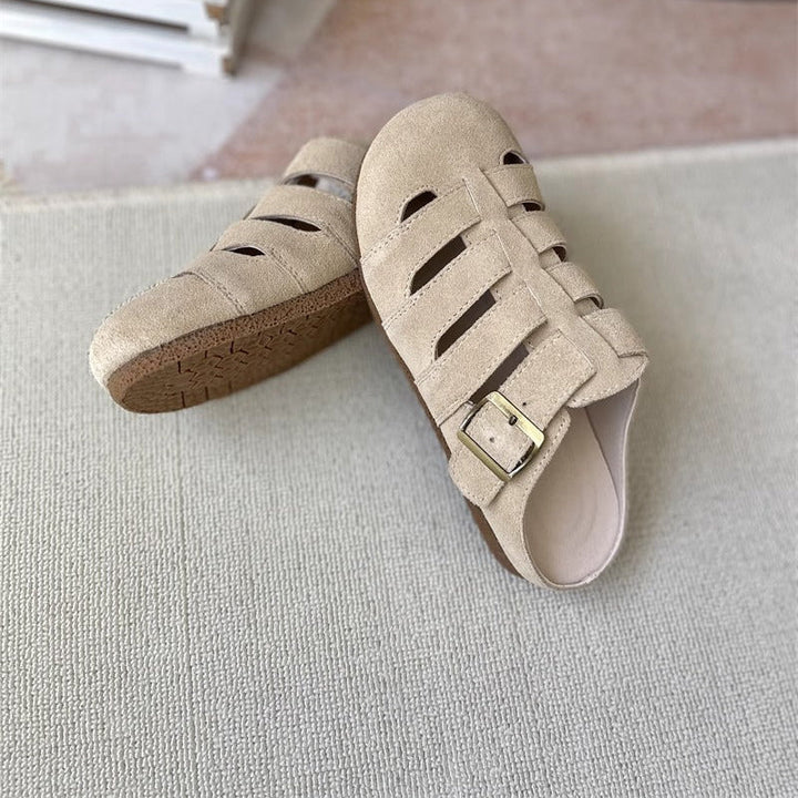 Women's Suede Round Toe Hollowed Out Casual Buckle Mule