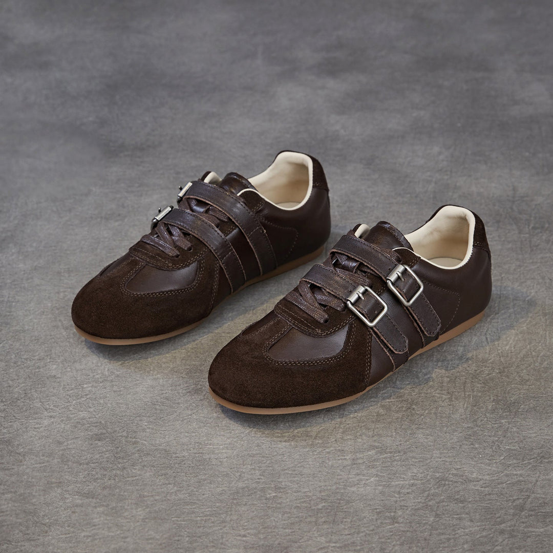 Women's Genuine Leather Double Buckle Strap Sneakers Retro Slip-on Flat Shoes