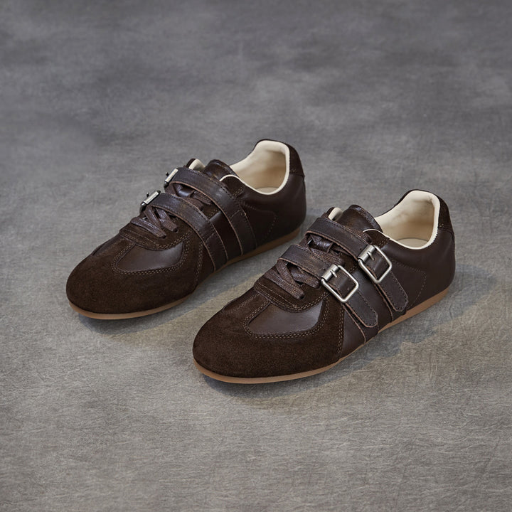 Women's Genuine Leather Double Buckle Strap Sneakers Retro Slip-on Flat Shoes