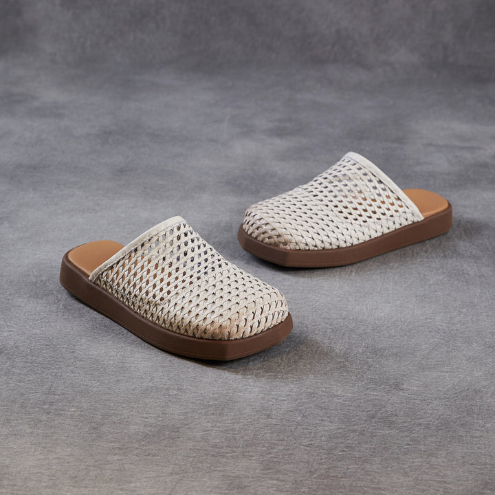 Women's Square Toe Woven Mules Genuine Leather Platform Slippers Barefoot-Friendly