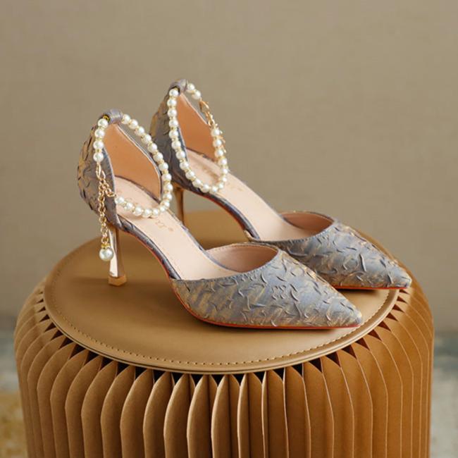 Women's Pearl Wedding Shoes for Bride High Heels Pointed Toe Satin Pumps