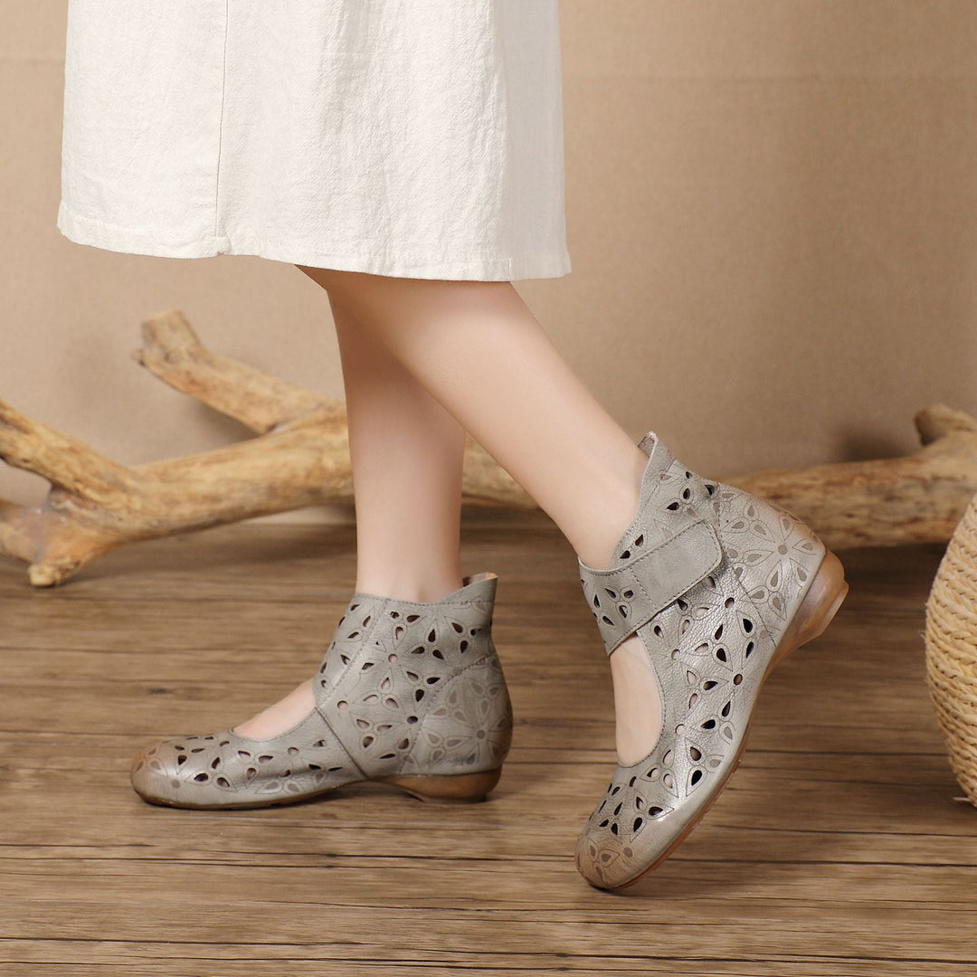 Handmade Leather Cut-Out Sandals - Vintage Bohemian Summer Flats with Adjustable Velcro