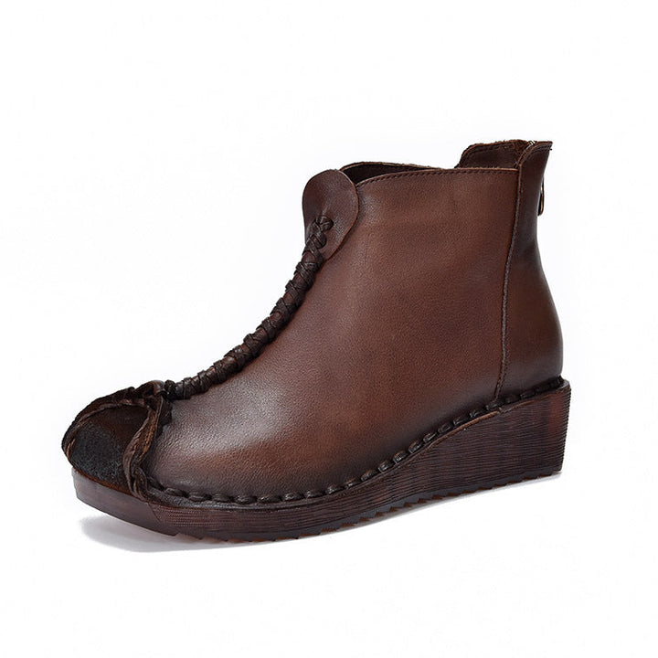 Women's Leather Ankle Boots - Vintage Wedge Low Heel Booties, Zipper Round Toe Stitching Fall Winter Shoes