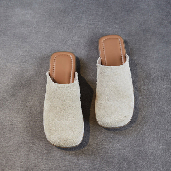 Women's Minimalist Nubuck Mules - Round-Toe Flat with Slip-On Ease