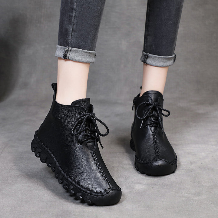 Womens Soft Leather Casual Lace-up Shoes Ankle Boots