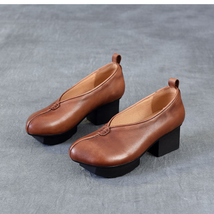 Women's Block Heel Leather High Heels – Slip-On Japanese Design