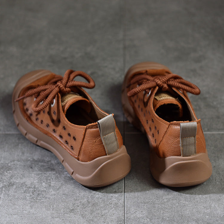 Women's Perforated Cowhide Sneakers - Unlined Summer Leisure Shoes - Thick Sole