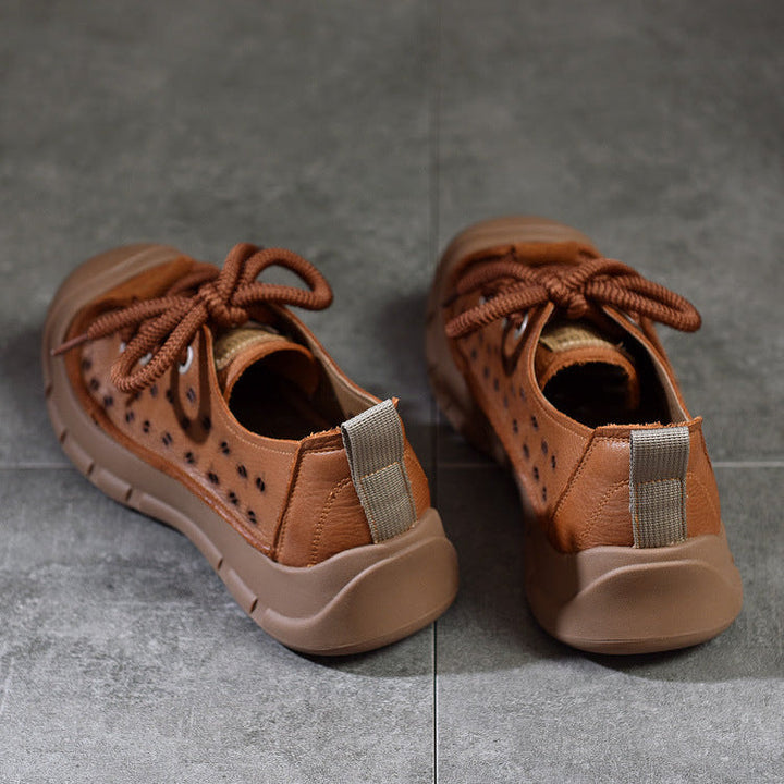 Women's Perforated Cowhide Sneakers - Unlined Summer Leisure Shoes - Thick Sole