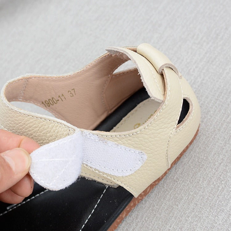 Women's Soft Leather Closed-Toe Velcro Sandals – Comfortable Flat Style