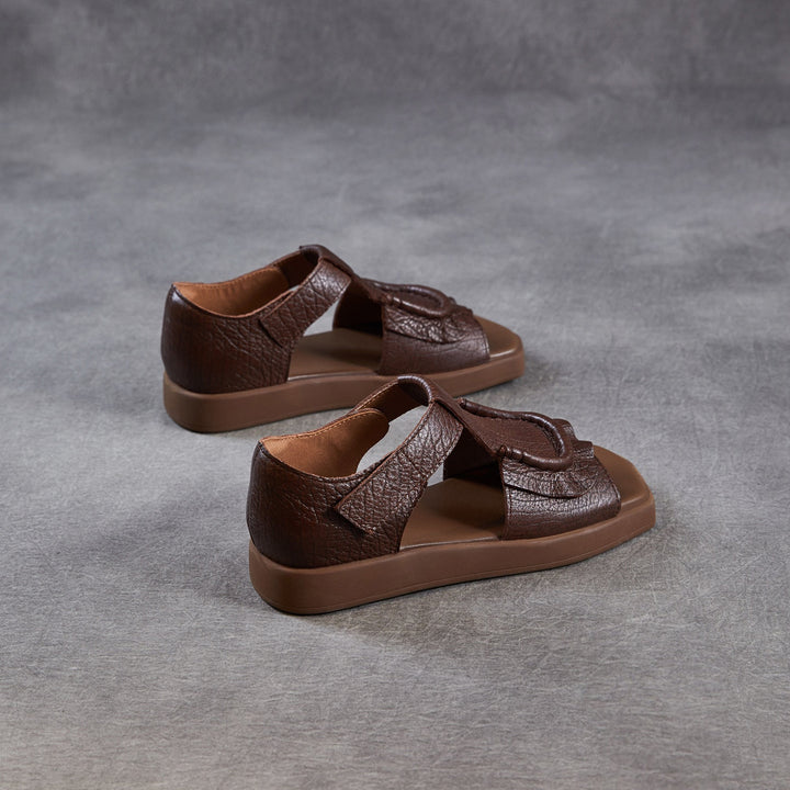 Women's Square Toe Platform Sandals Open Toe Retro Velcro Leather Ruffled Casual Summer Flats
