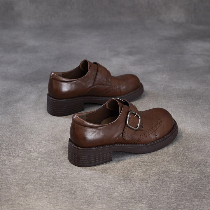 Women's Genuine Leather Chunky Platform Monk Strap Loafers Vintage Brogue Slip-on Shoes