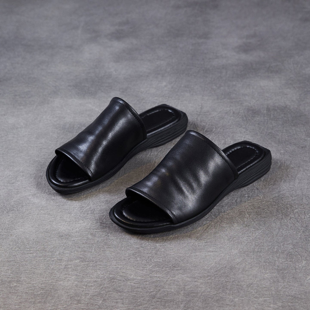 Women's Open Toe Leather Ruched Mules - Zen Style Cowhide Summer Slides