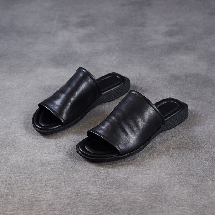 Women's Open Toe Leather Ruched Mules - Zen Style Cowhide Summer Slides