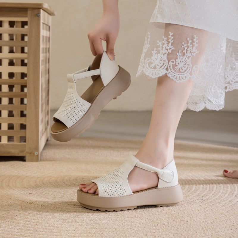 Women's Leather Thick-Sole Open-Toe Casual Velcro Sandals
