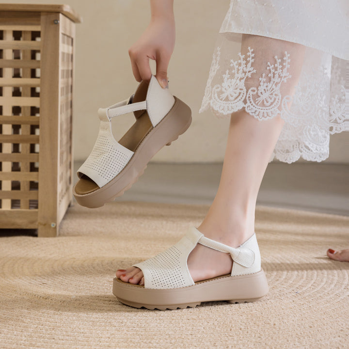 Women's Leather Thick-Sole Open-Toe Casual Velcro Sandals