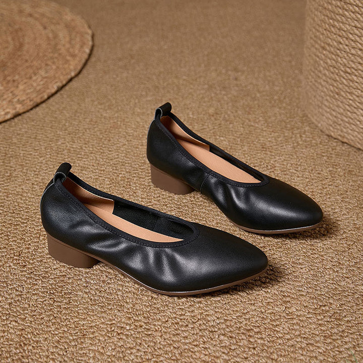 Women's Retro Leather Pumps Vintage Pointed Toe Slip-on Chunky Low Heels