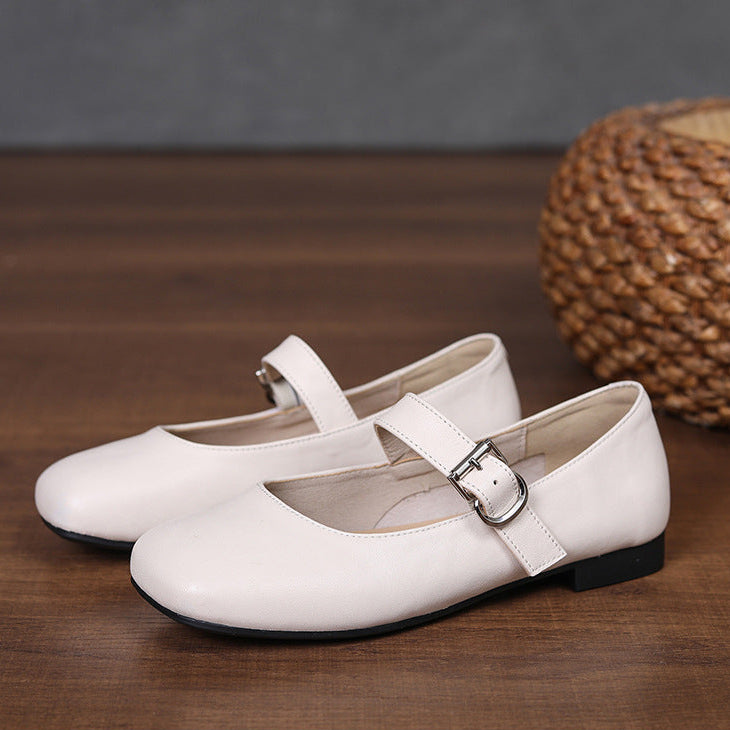 Women‘s Retro Leather Mary Jane Flats Vintage Square Toe Casual Ballet Shoes
