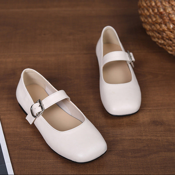 Women‘s Retro Leather Mary Jane Flats Vintage Square Toe Casual Ballet Shoes