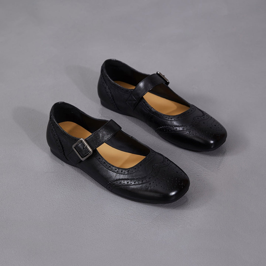 Women's Vintage British Style Leather Mary Janes - Hand-Punched Brogue Details - Soft Walking Shoes