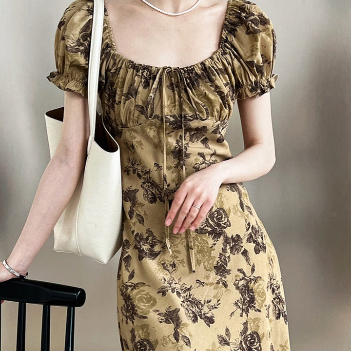 Vintage Floral Square Neck Drawstring Tie Dress