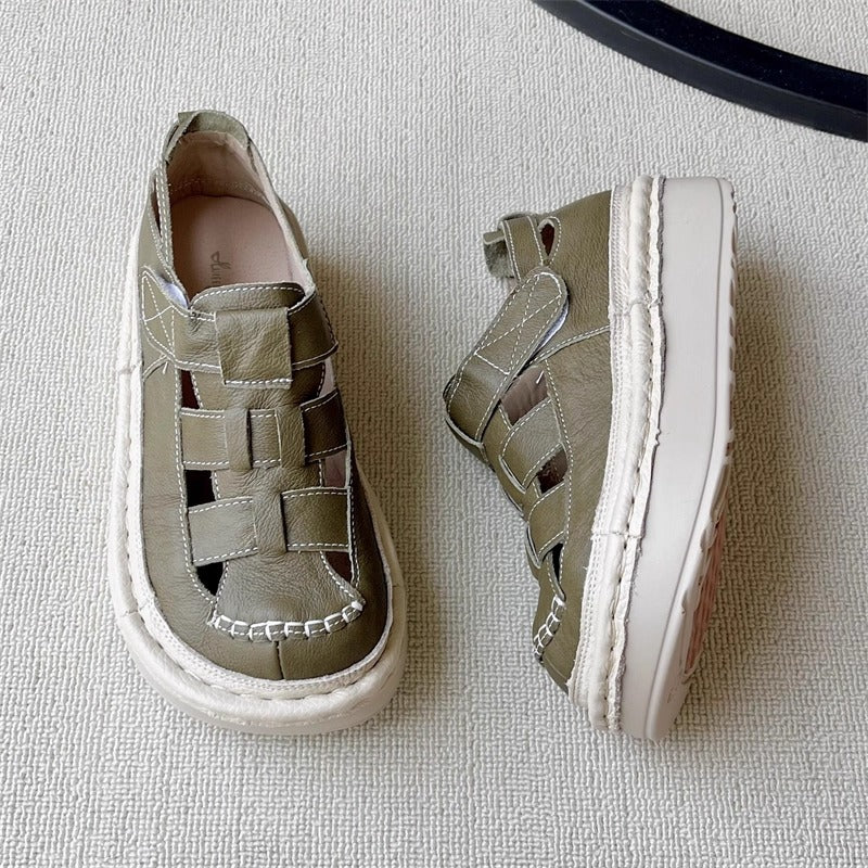 Women's Soft Leather Velcro Closed-Toe Chunky Platform Sandals – Ugly-Cute Style