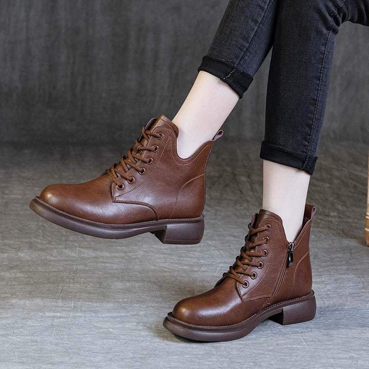 Women's Leather Ankle Boots - Vintage V-Cut Collar Lace-Up Side Zipper Booties Chunky Heel Comfort Shoes