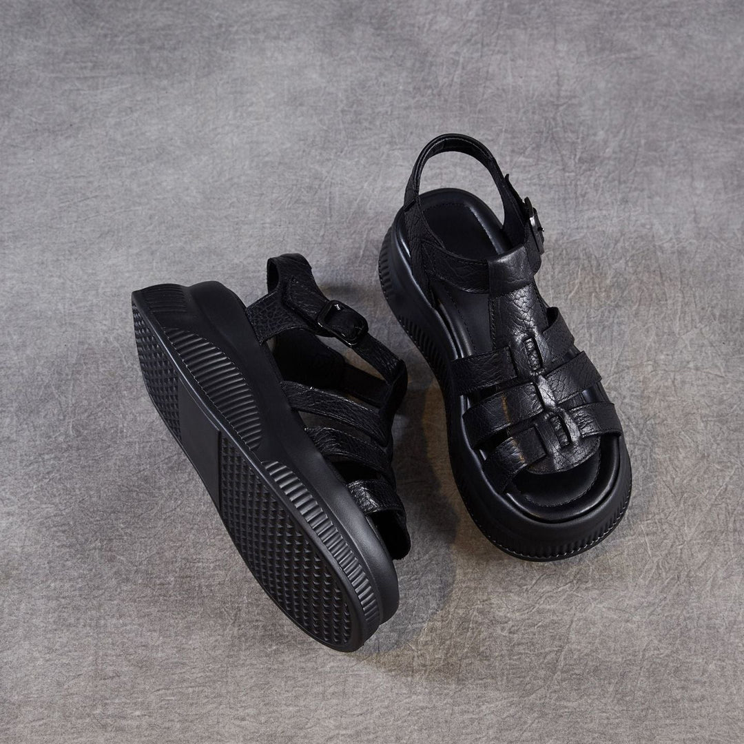 Women's Retro Leather Roman Sandals Vintage Round Toe Platform Chunky Platform Heels