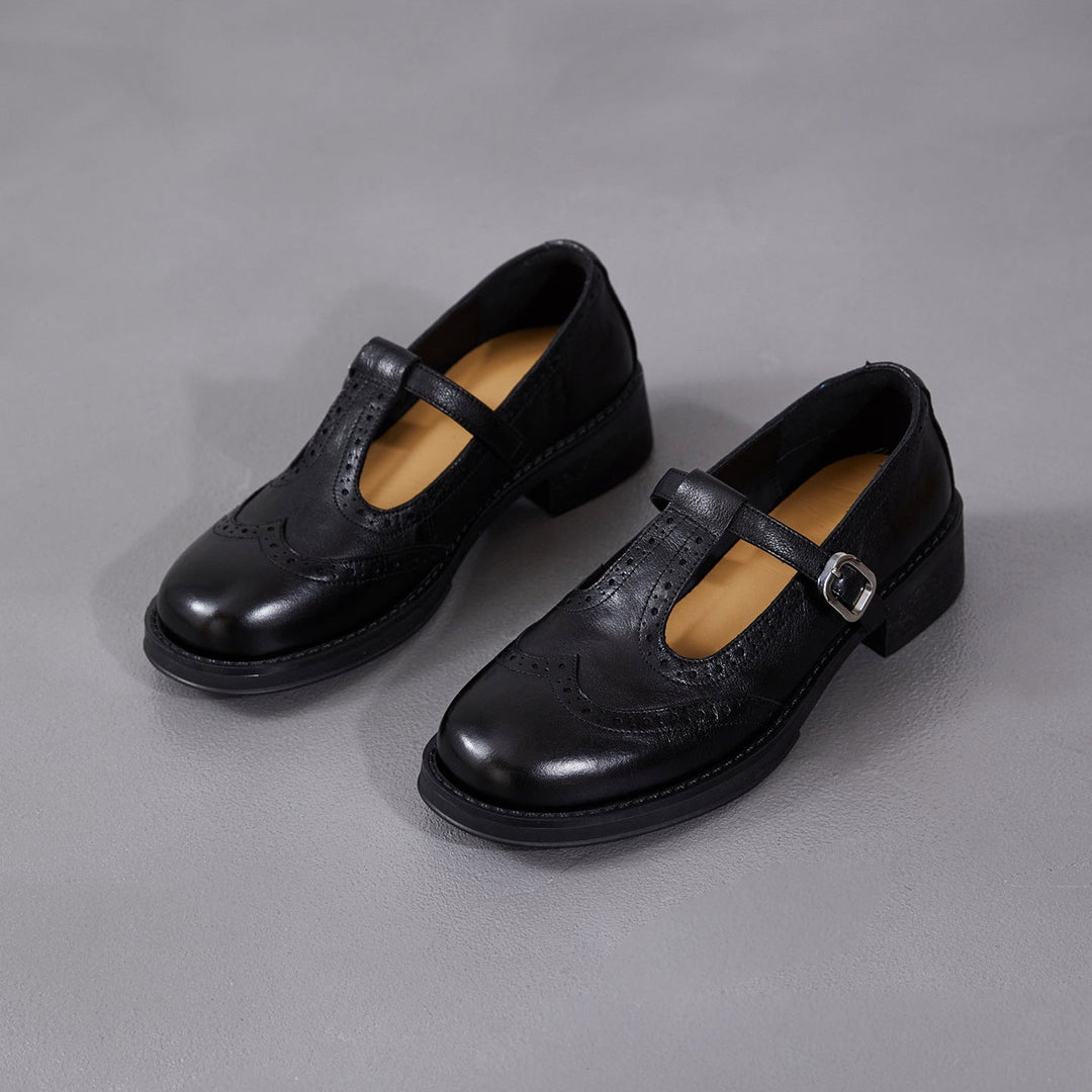 Women's Brogue T-Strap Mary Janes - Unlined Cowhide Leather - Block Heel