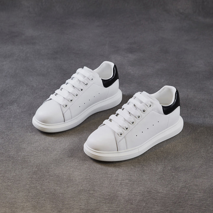 Women's Leather Casual Sneakers Spring Fall Round Toe Lace-up Platform Shoes