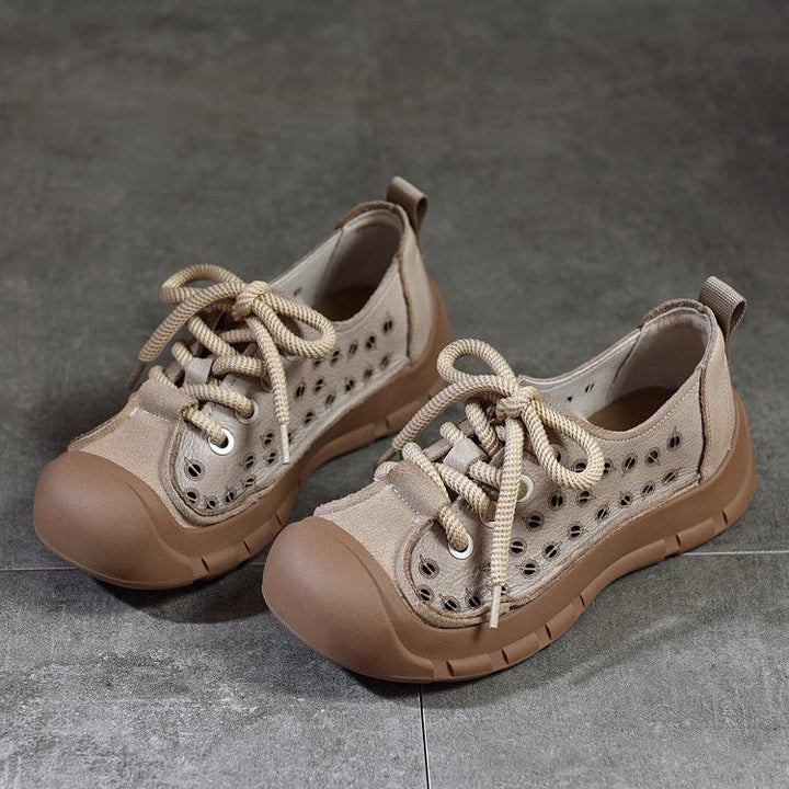 Women's Perforated Cowhide Sneakers - Unlined Summer Leisure Shoes - Thick Sole
