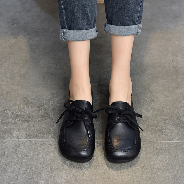 Women's Soft Leather Casual Flats – Comfortable Lace-Up Shoes