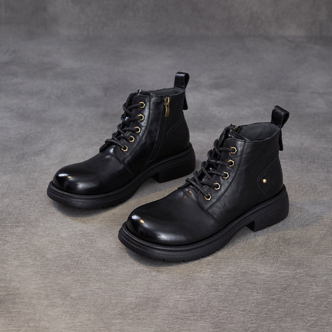 Women's Leather Winter Combat Ankle Boots Soft Lined Lace-up Walking Booties