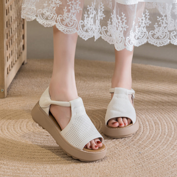Women's Leather Thick-Sole Open-Toe Casual Velcro Sandals