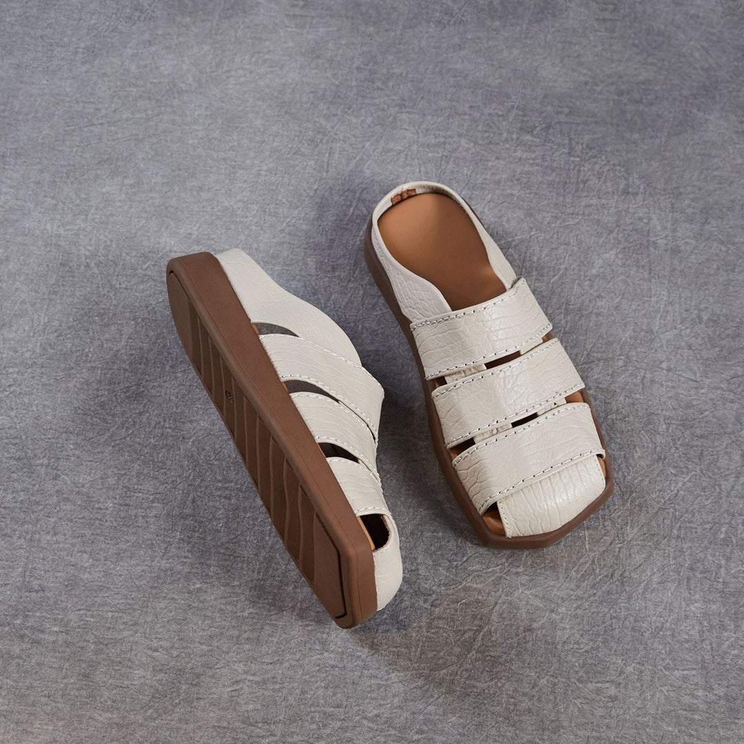 Women's Leather Mules - Multi-Strap Woven Closed Flat Sandals Casual Summer Slip-On Slides