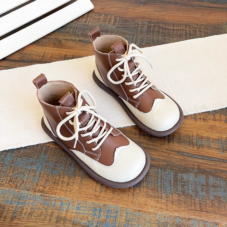 Women's Leather Lace-Up Ankle Shoes – Round Toe & Patchwork Design