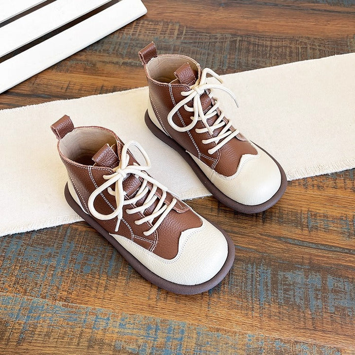 Women's Leather Lace-Up Ankle Shoes – Round Toe & Patchwork Design