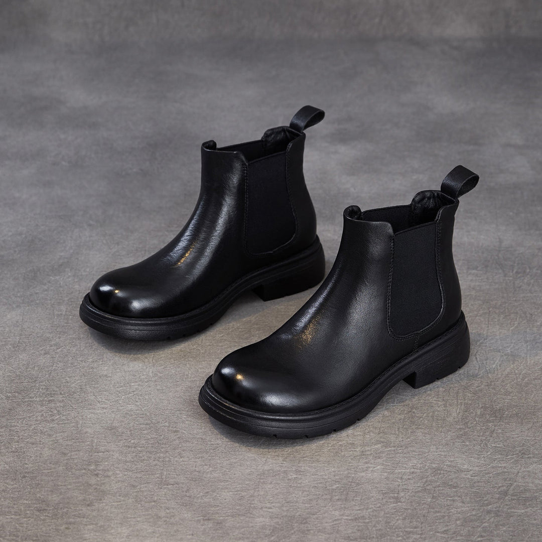 Women's Genuine Leather Chelsea Ankle Boots Vintage Slip-on Low Heel Winter Shoes