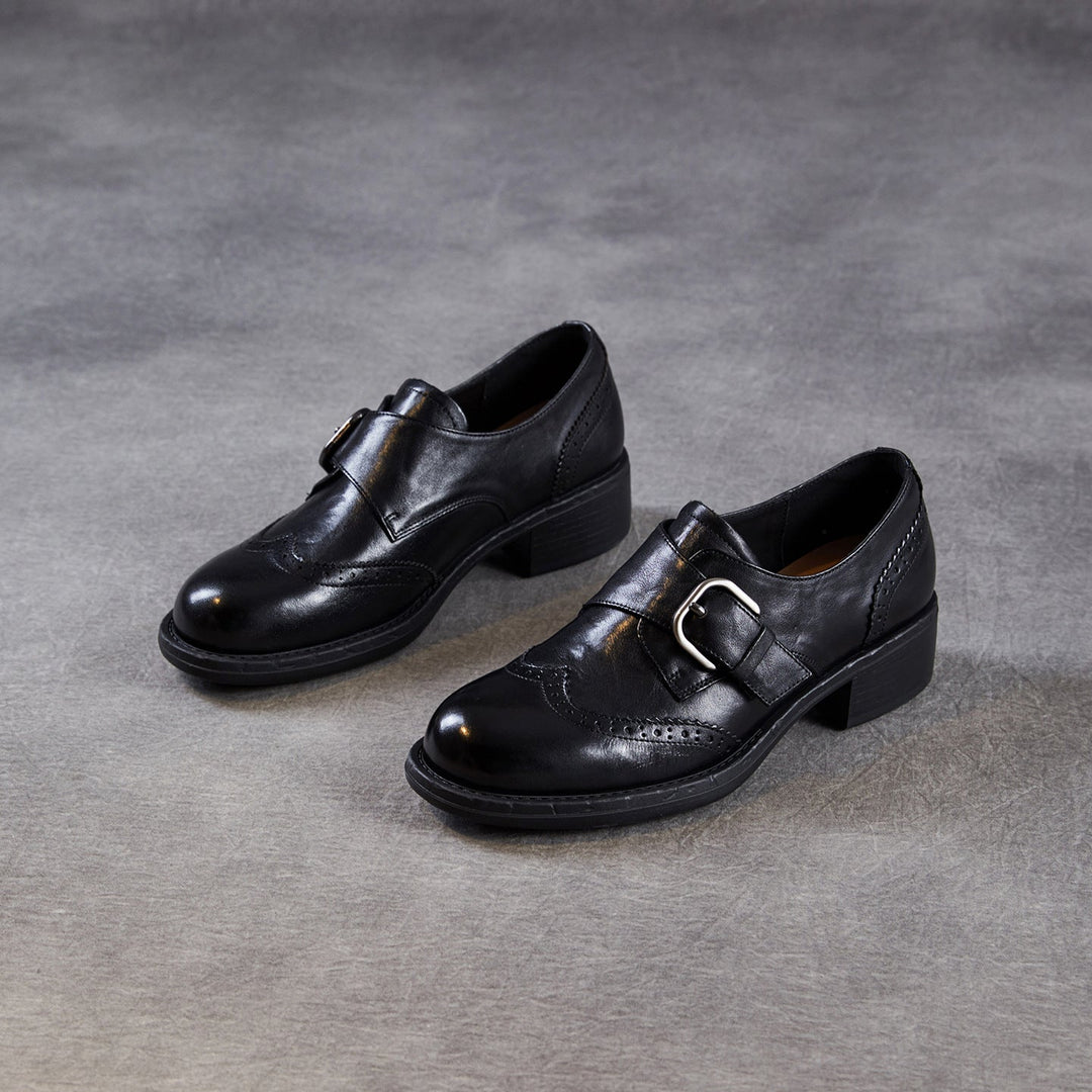 Women's Retro Leather Monk Strap Shoes Vintage Round Toe Brogue Chunky Heels