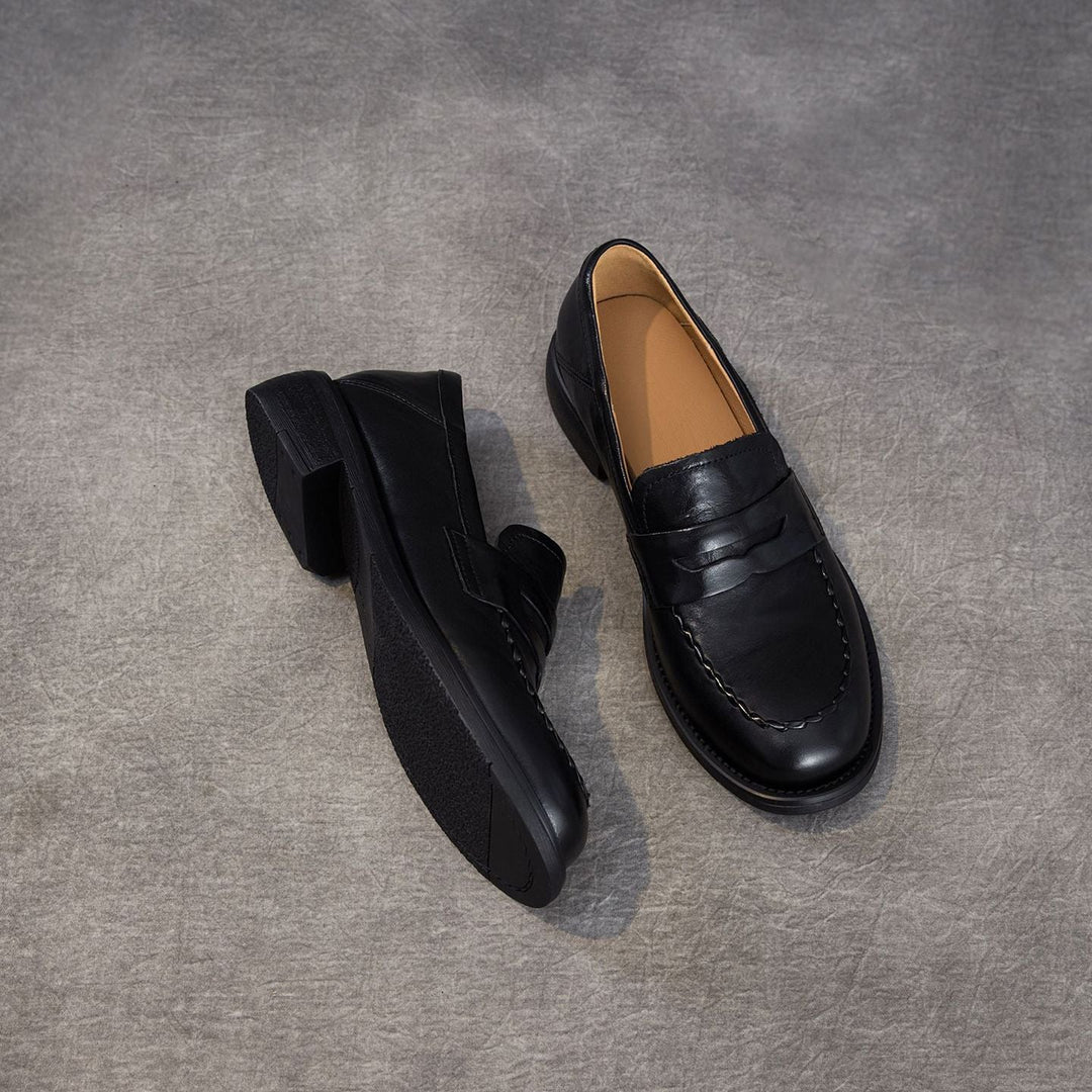 Women's Genuine Leather Penny Loafers Vintage Slip-on Round Toe Low Heel Shoes