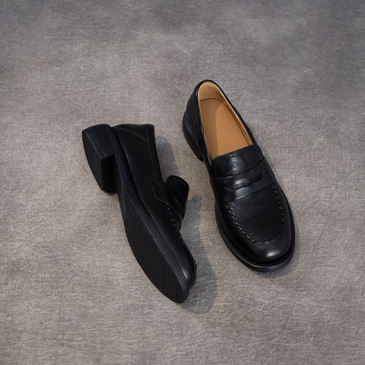Women's Genuine Leather Penny Loafers Vintage Slip-on Round Toe Low Heel Shoes