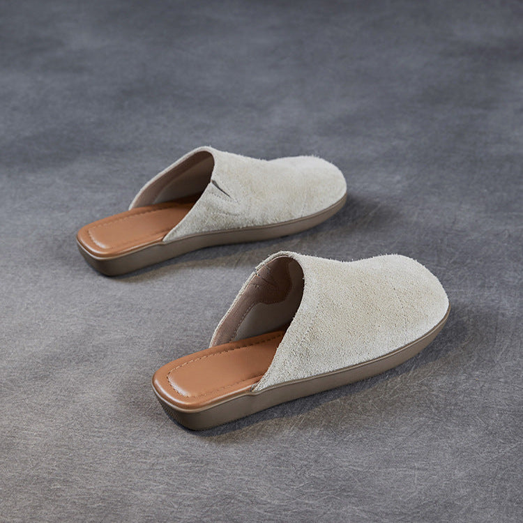 Women's Minimalist Nubuck Mules - Round-Toe Flat with Slip-On Ease