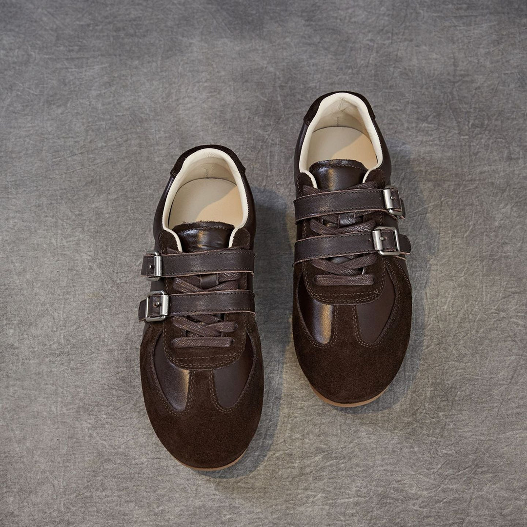 Women's Genuine Leather Double Buckle Strap Sneakers Retro Slip-on Flat Shoes