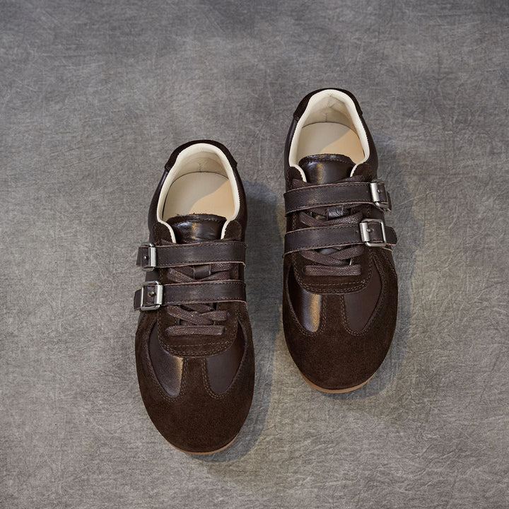 Women's Genuine Leather Double Buckle Strap Sneakers Retro Slip-on Flat Shoes