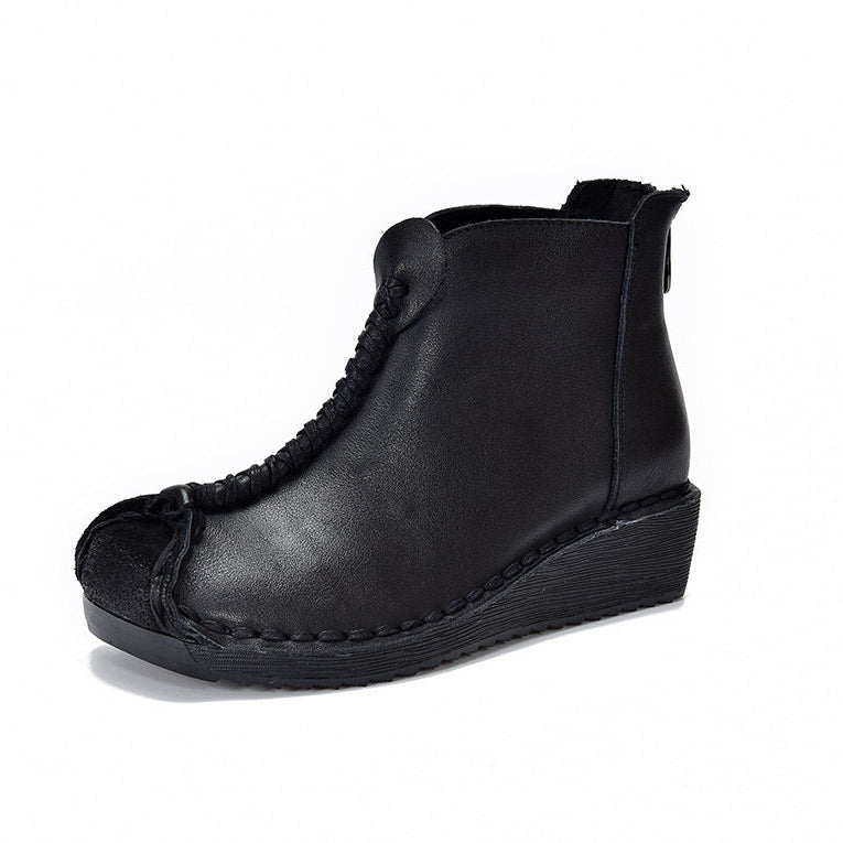 Women's Leather Ankle Boots - Vintage Wedge Low Heel Booties, Zipper Round Toe Stitching Fall Winter Shoes
