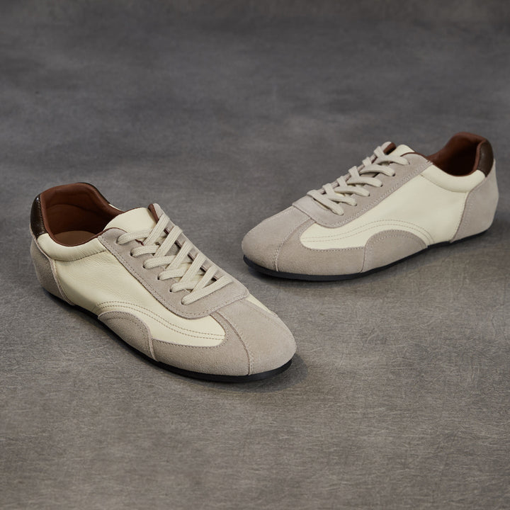 Women's Genuine Leather Retro Sneakers Vintage Lace-up Round Toe Flat Walking Shoes