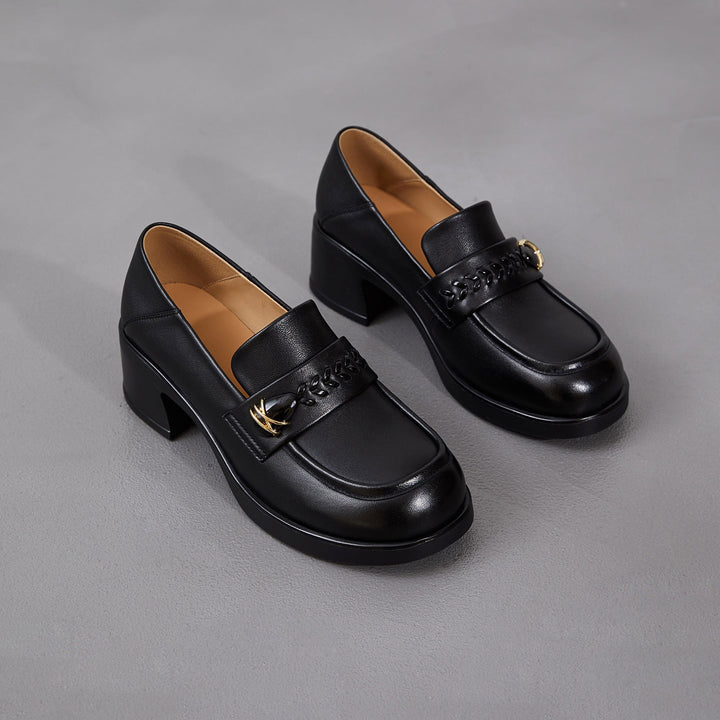 Women's Retro Sheepskin Loafers Vintage Round Toe Woven Strap Chunky Heels