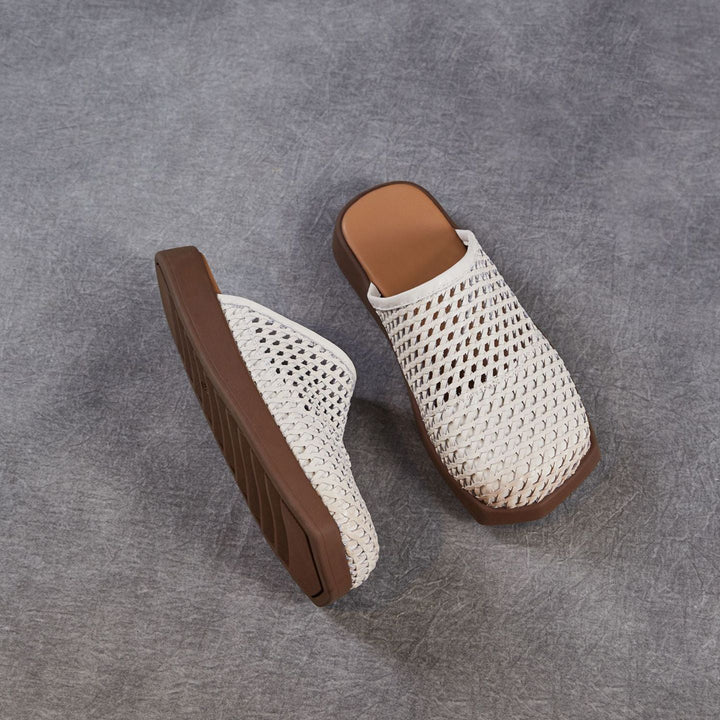 Women's Square Toe Woven Mules Genuine Leather Platform Slippers Barefoot-Friendly